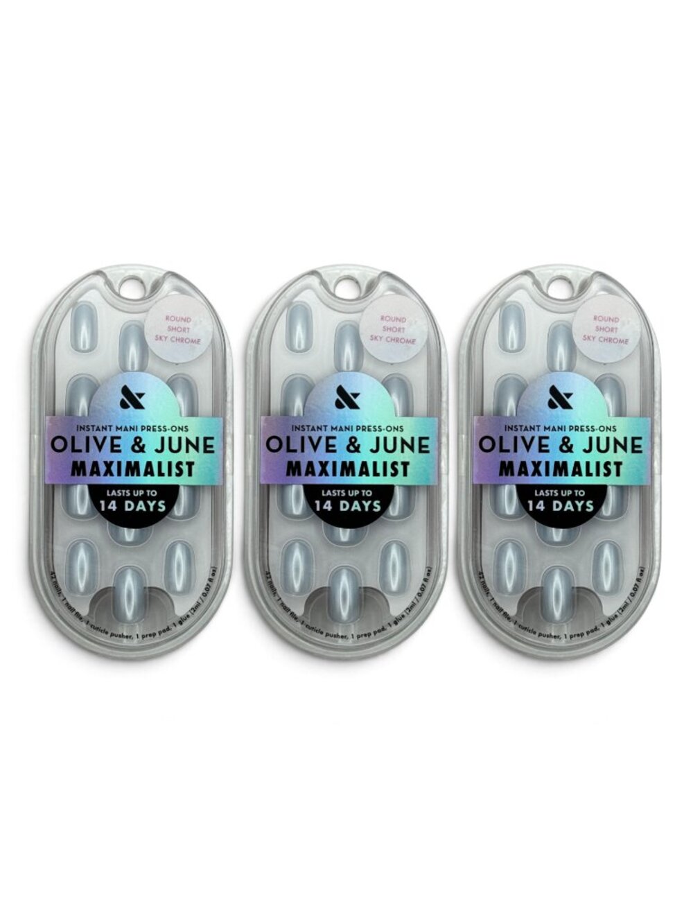 3 Pack Olive & June Maximalist Press-On Nails Short Round Glossy - SKY CHROME